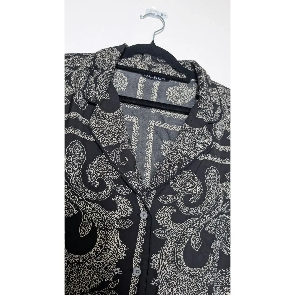J.Crew Paisley Scarf Print Drapey Camp Collar Shirt M Boho Chic Black Cream
